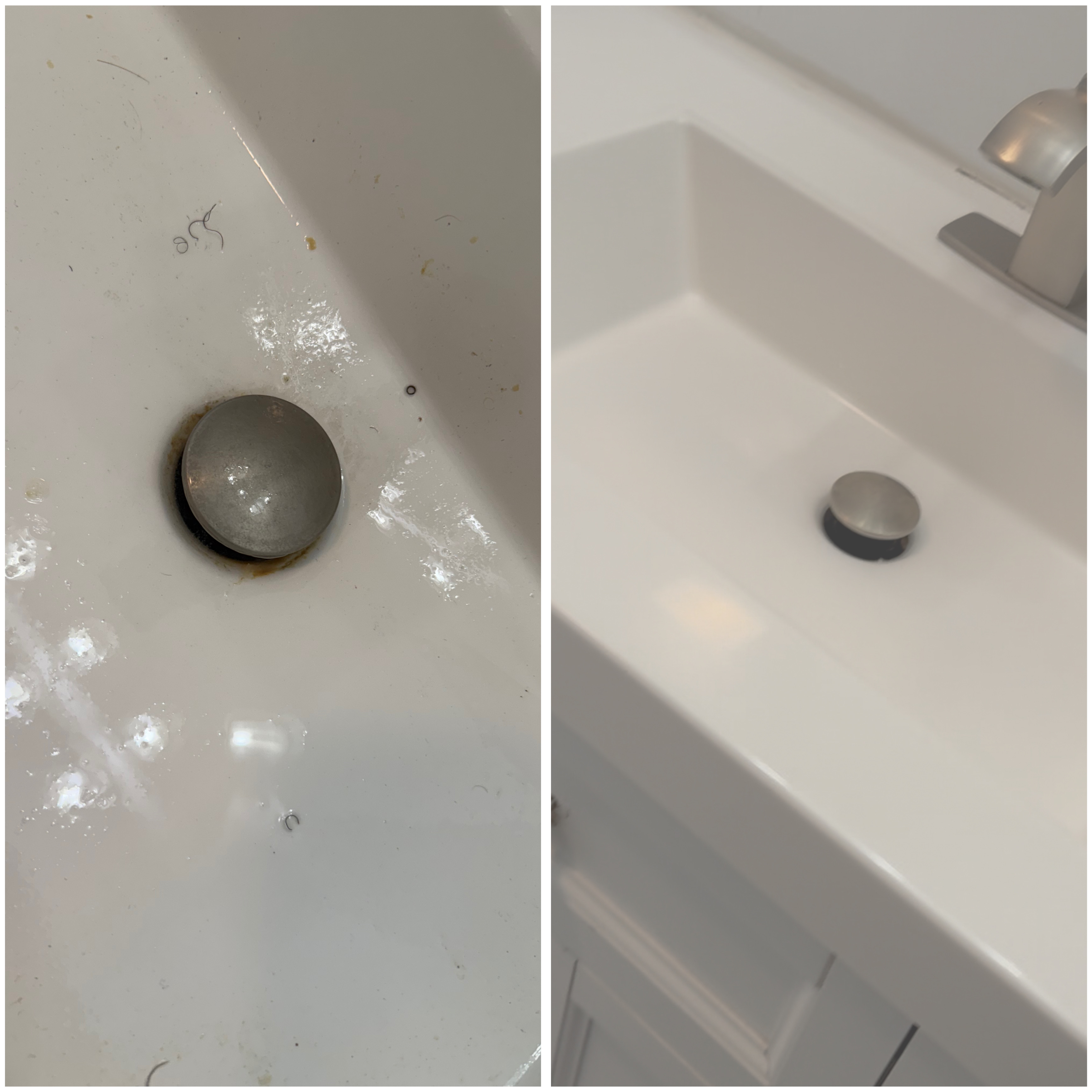 Before and after cleaning of a bathroom sink