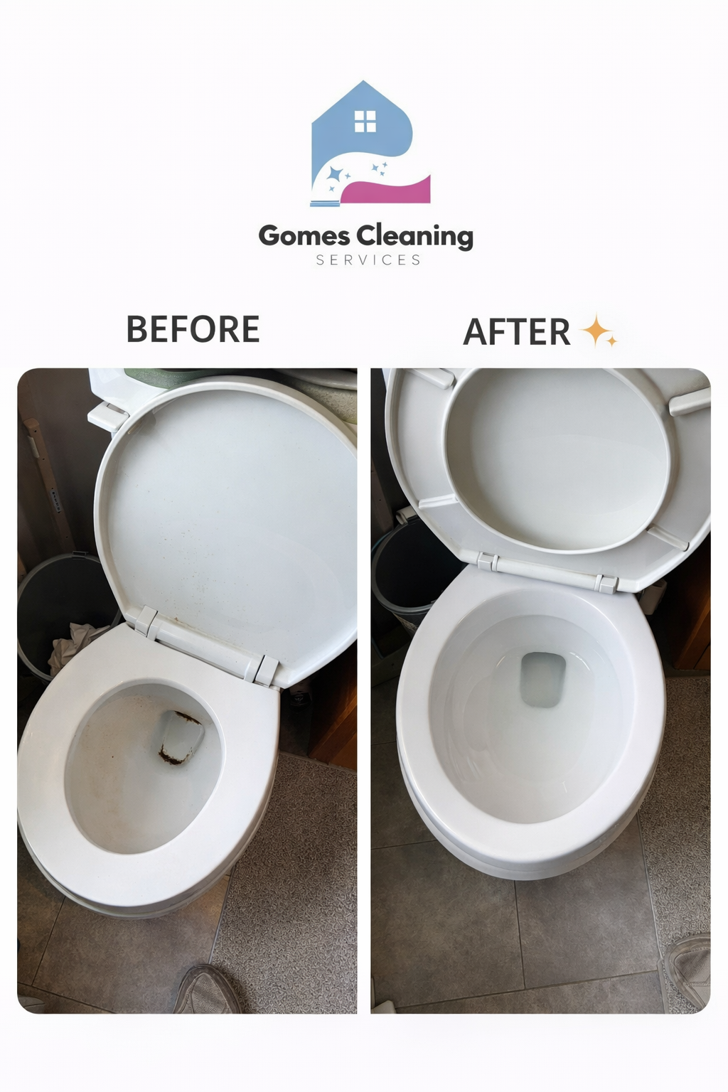 Before and after cleaning of a bathroom toilet