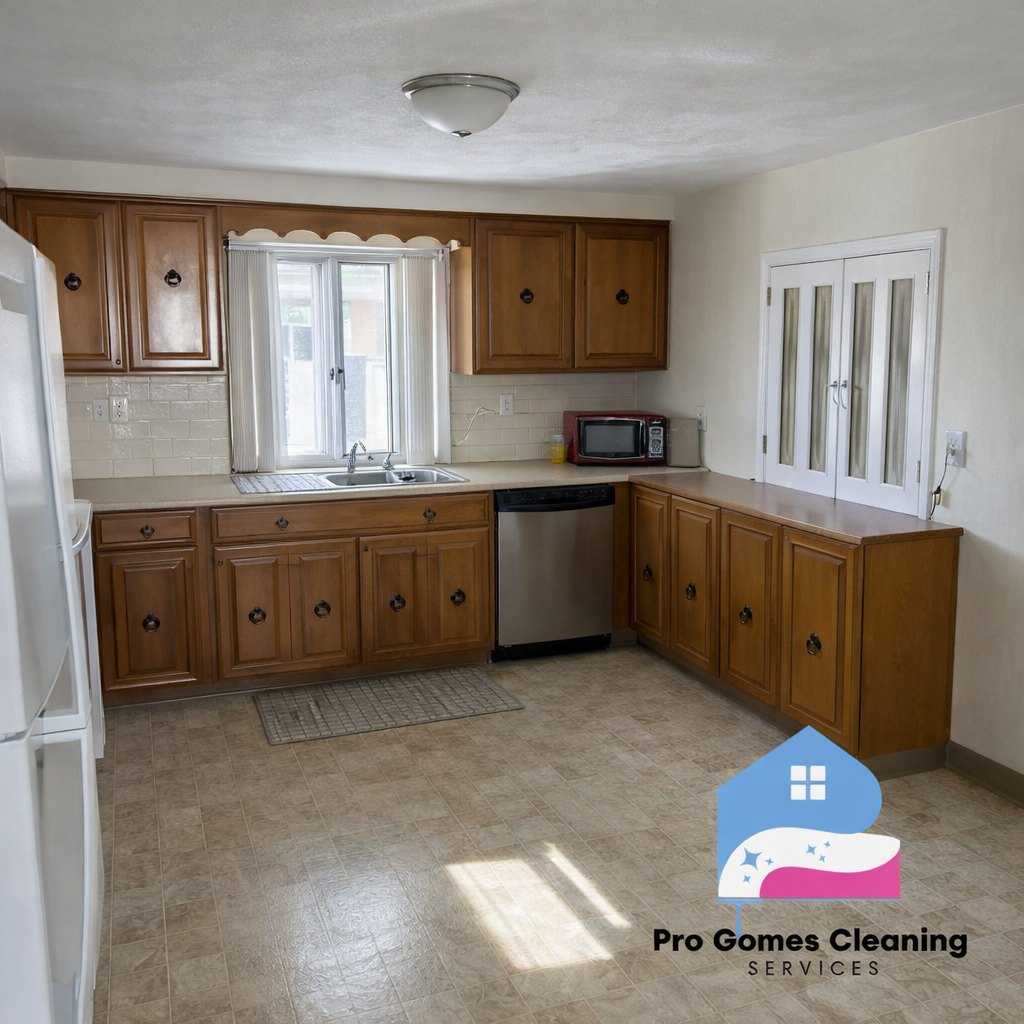 Wood kitchen cabinets and counters wiped down and shining