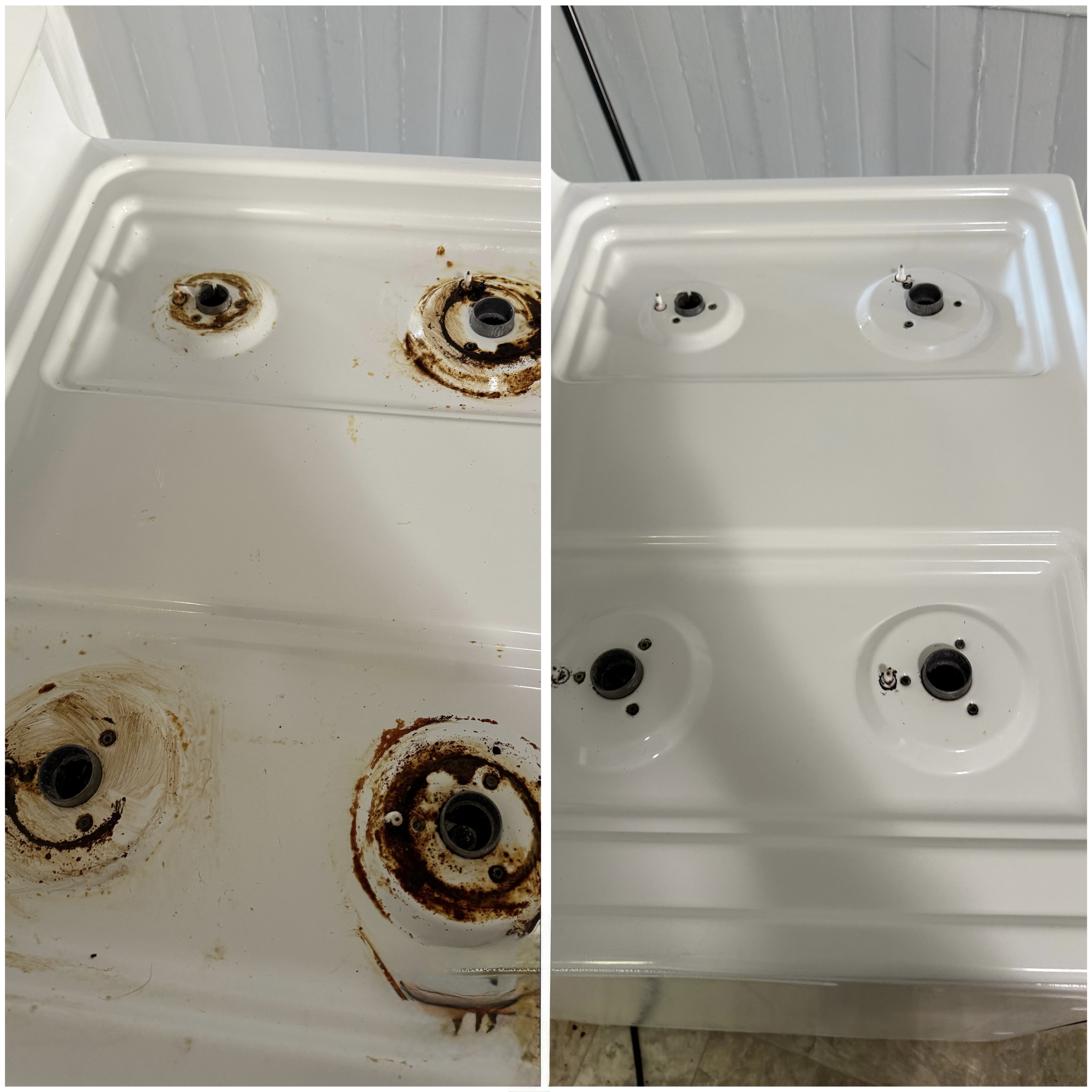Before and after deep cleaning of a kitchen stove top
