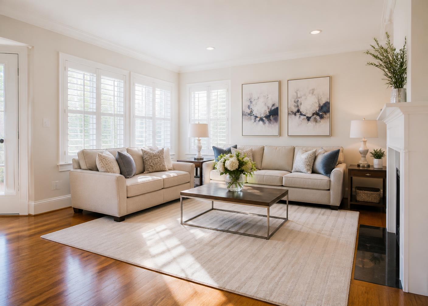 Spotless American living room after a residential cleaning service